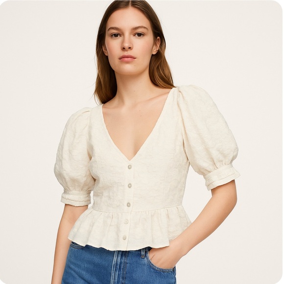 Zara Tops - Zara Cream Textured Puff Sleeve Button Front Peplum Blouse Size S